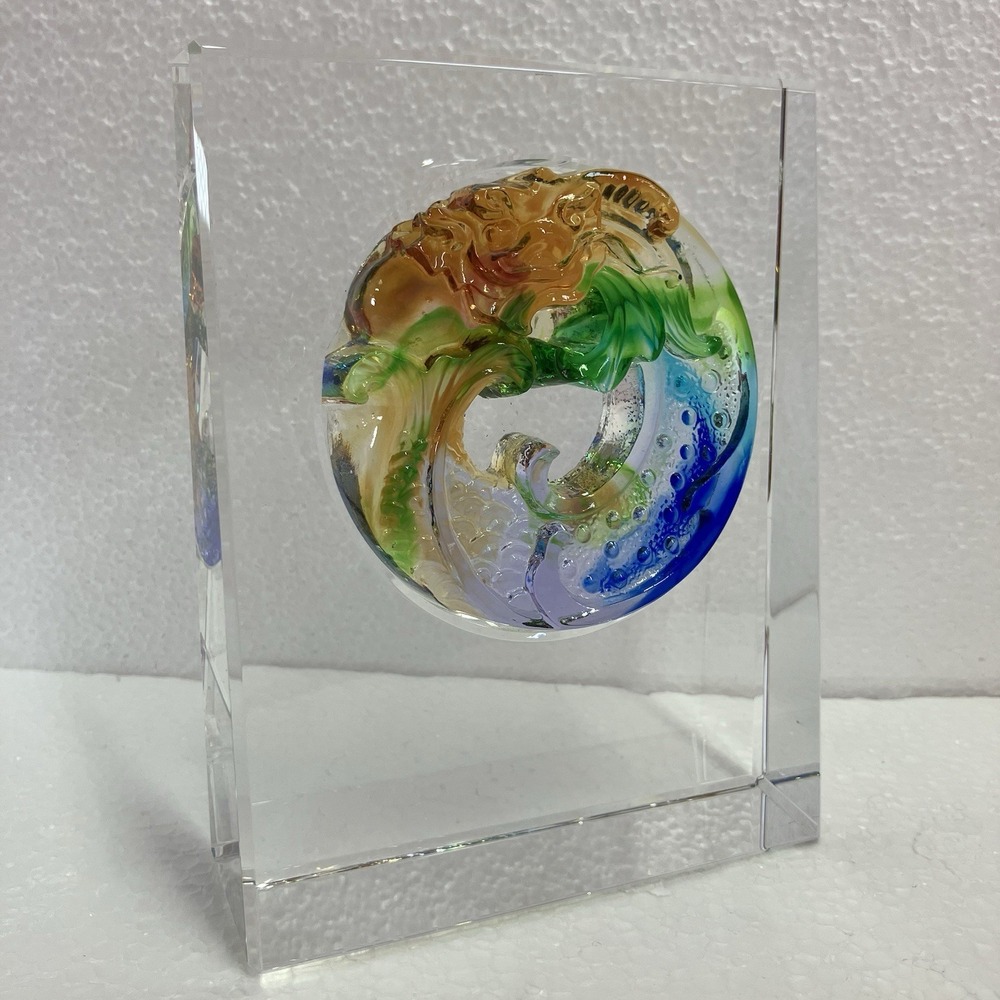 Vintage Chinese Glass Dragon Paperweight / Art / Sculpture / Desk / Trophy /Flaw